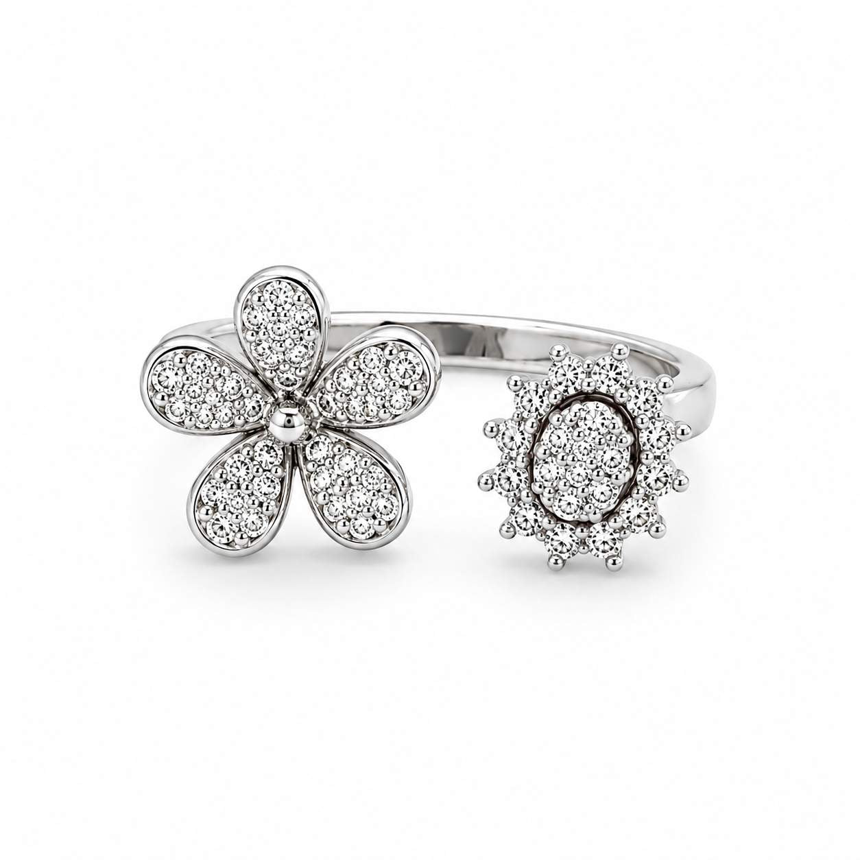 Flower & Sun Diamond Bypass Ring