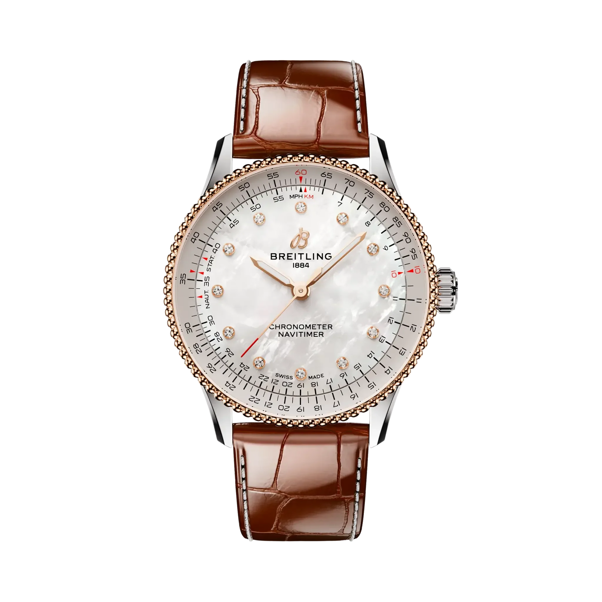 Navitimer Automatic 36- Stainless Steel/ Brown Alligator Leather Strap/ White Dial - Provident Jewelry