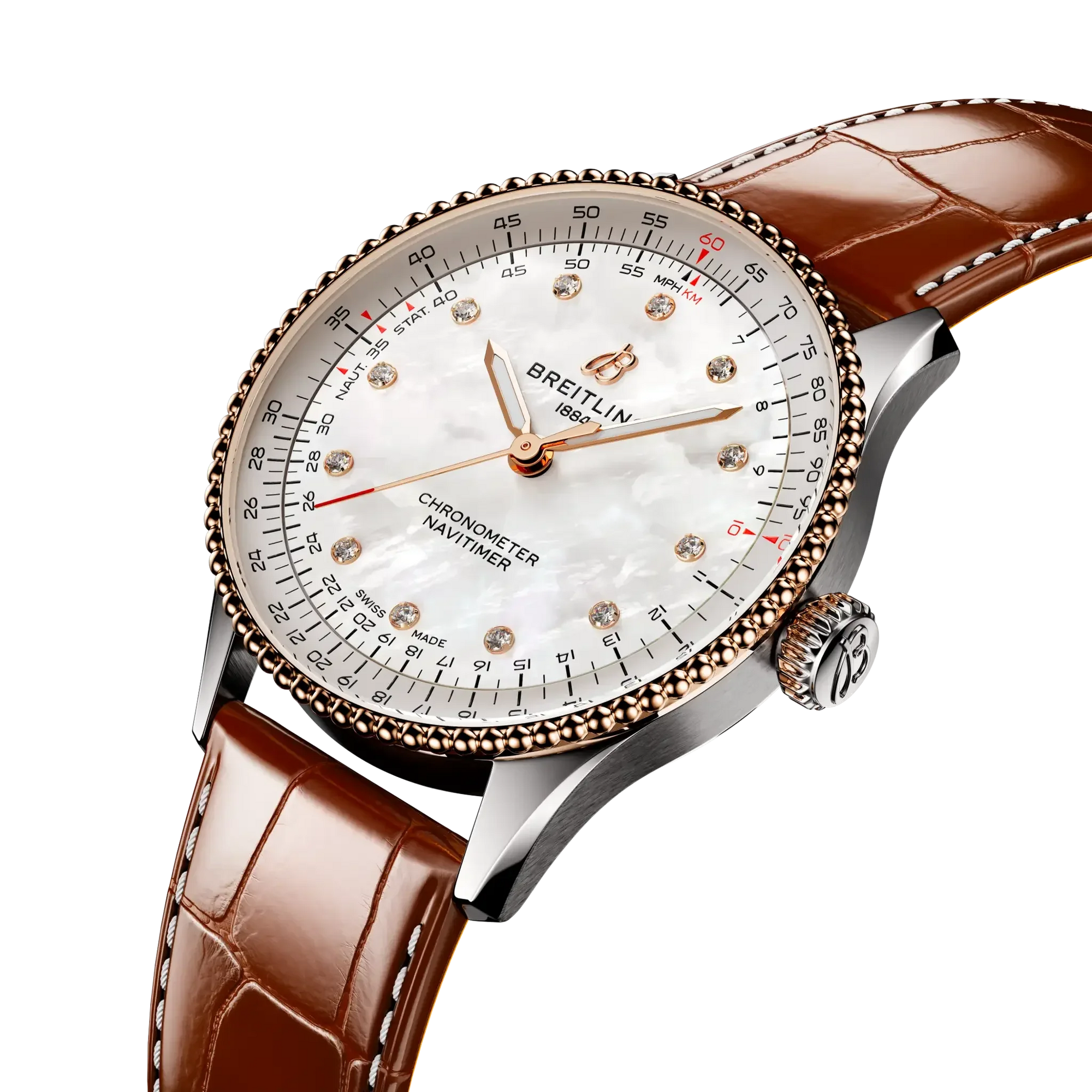 Navitimer Automatic 36- Stainless Steel/ Brown Alligator Leather Strap/ White Dial - Provident Jewelry
