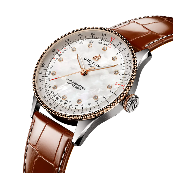 Navitimer Automatic 36- Stainless Steel/ Brown Alligator Leather Strap/ White Dial - Provident Jewelry