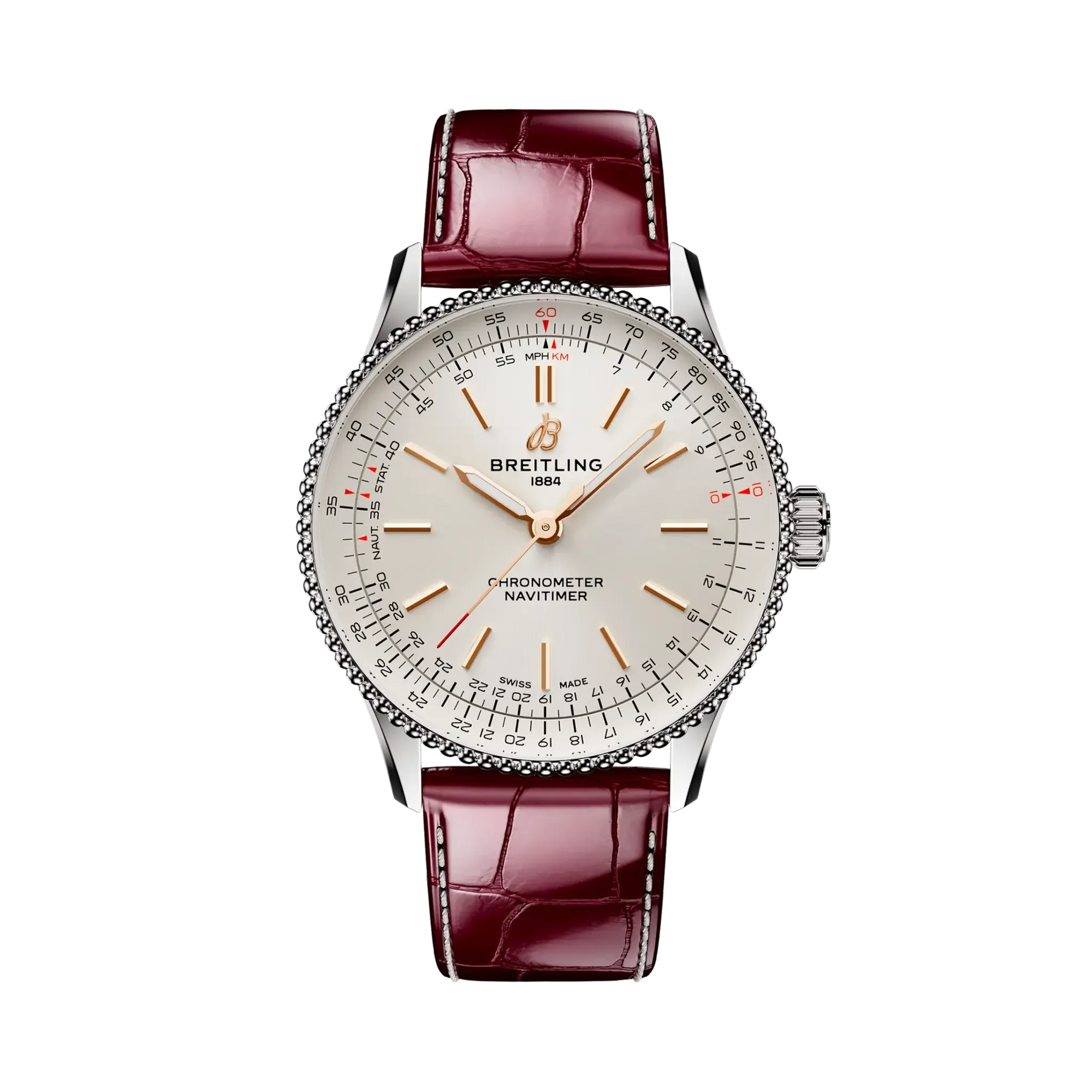 Navitimer Automatic 36- Burgundy Alligator Leather Strap/ White Dial - Provident Jewelry