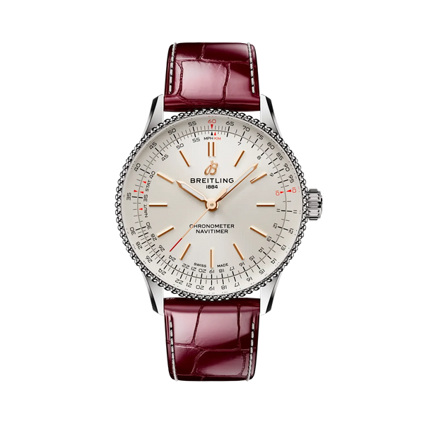 Navitimer Automatic 36- Burgundy Alligator Leather Strap/ White Dial - Provident Jewelry