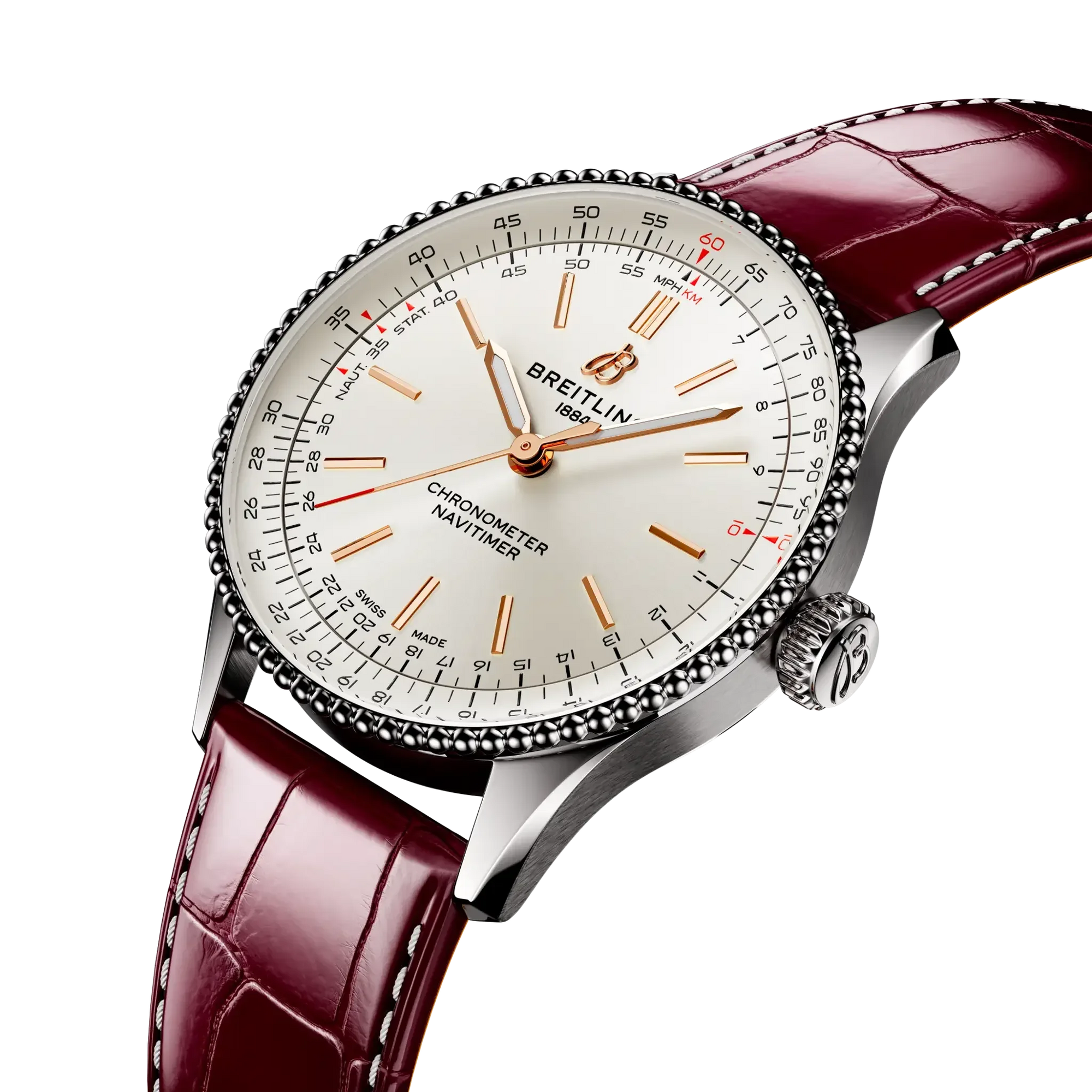 Navitimer Automatic 36- Burgundy Alligator Leather Strap/ White Dial - Provident Jewelry