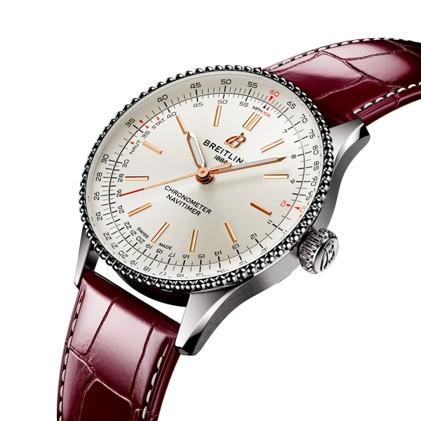 Navitimer Automatic 36- Burgundy Alligator Leather Strap/ White Dial - Provident Jewelry