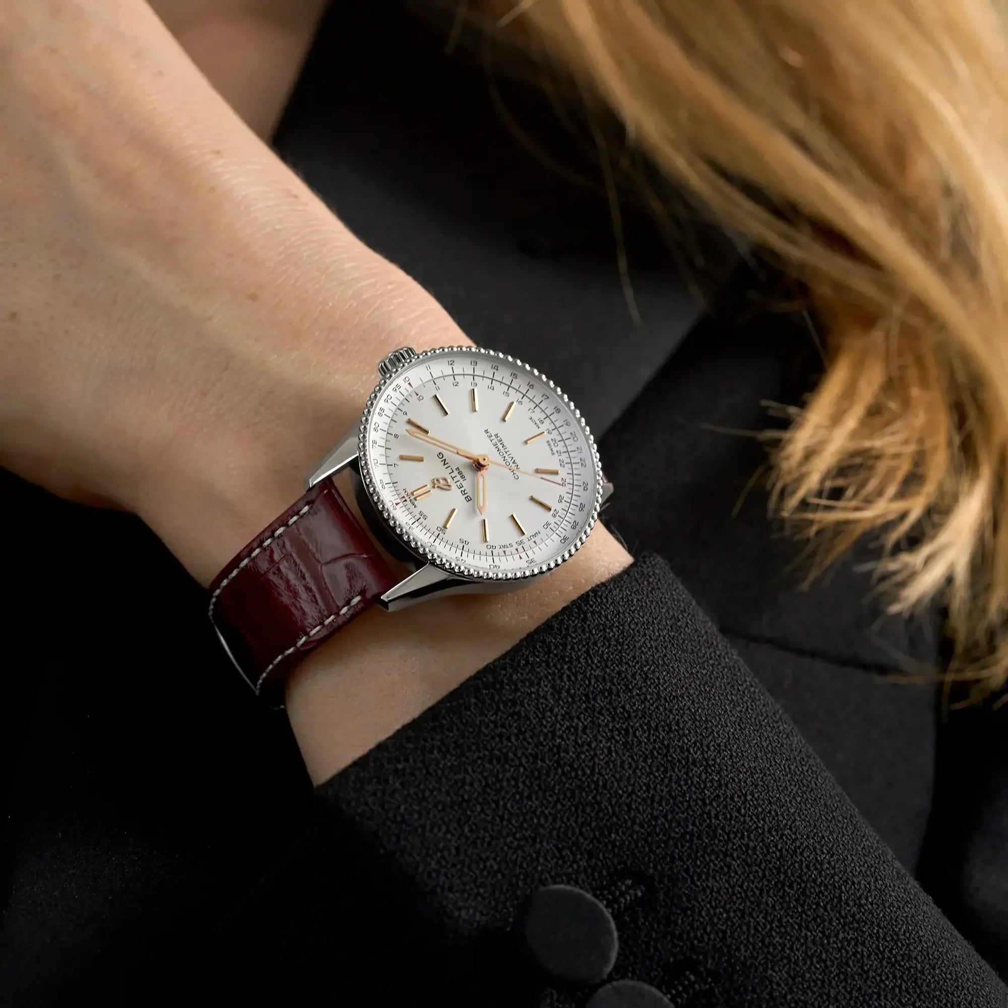 Navitimer Automatic 36- Burgundy Alligator Leather Strap/ White Dial - Provident Jewelry