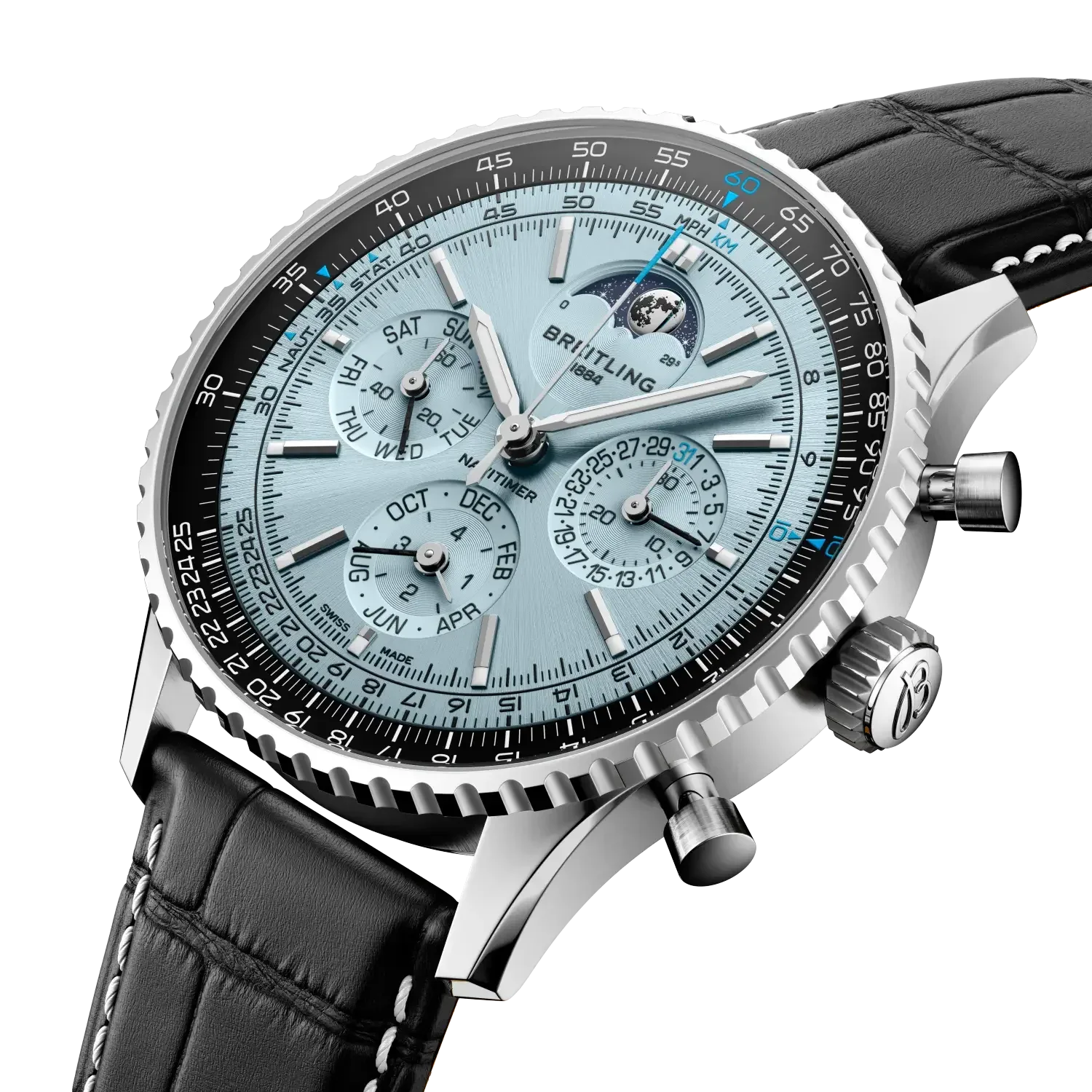 Navitimer B19 Chronograph 43 Perpetual Calendar- Black/ Light Blue Dial - Provident Jewelry
