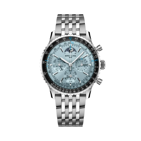 Navitimer B19 Chronograph 43 Perpetual Calendar- Stainless Steel & Platinum/ Light Blue Dial - Provident Jewelry