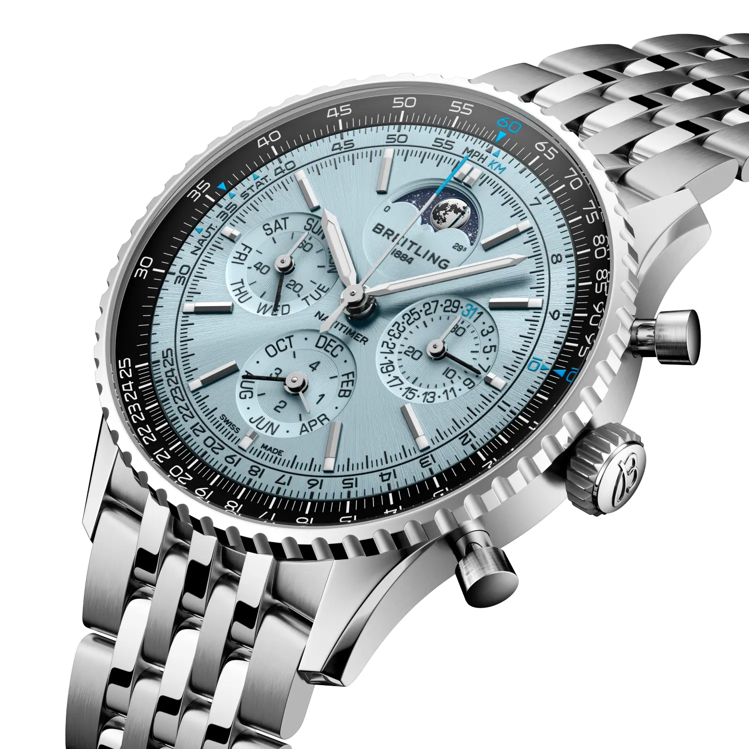 Navitimer B19 Chronograph 43 Perpetual Calendar- Stainless Steel & Platinum/ Light Blue Dial Provident Jewelery