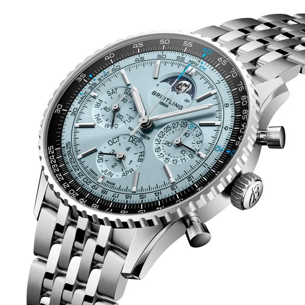 Navitimer B19 Chronograph 43 Perpetual Calendar- Stainless Steel & Platinum/ Light Blue Dial - Provident Jewelry