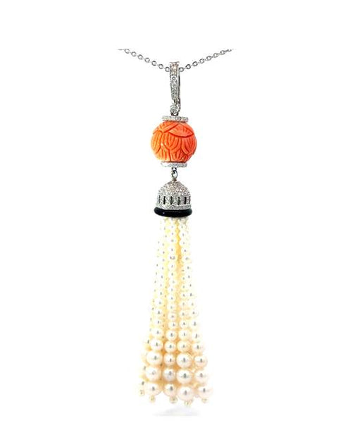 Pearl, Coral, and Diamond Pendant