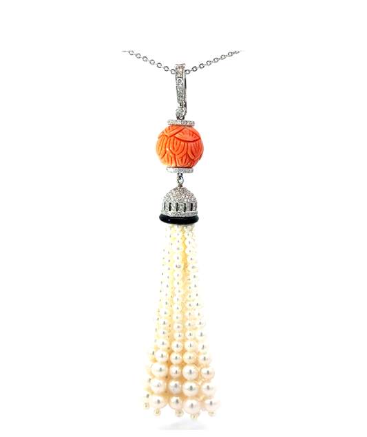 Pearl, Coral, and Diamond Pendant