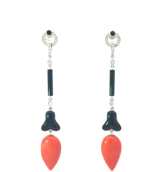 Onyx, Coral, and Diamond Drop Earrings