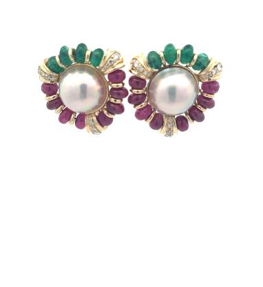 Pearl, Ruby, Emerald, and Diamond Earrings