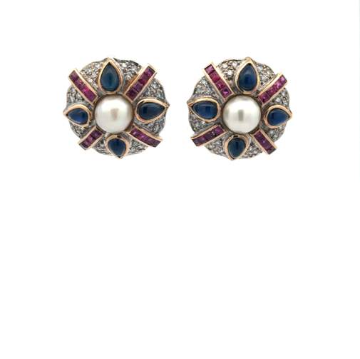 Pearl, Sapphire, Ruby, and Diamond Earrings