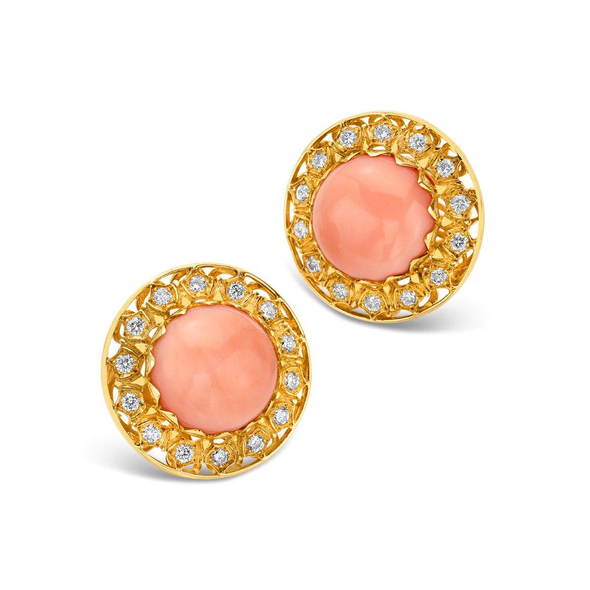 18kt Gold Coral Cabochon And Diamond Earrings