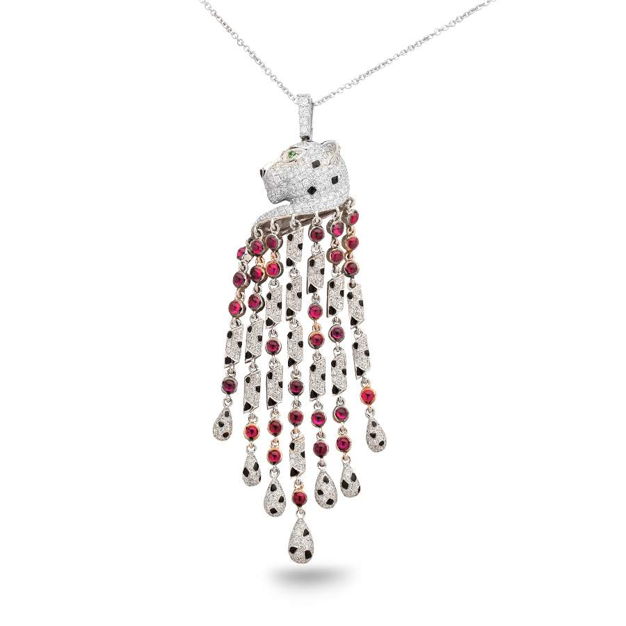 18kt White Gold Diamond And Ruby Panther Pendant