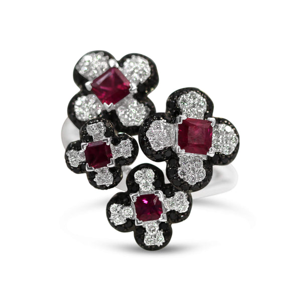 18kt White Gold Diamond And Ruby Flower Ring