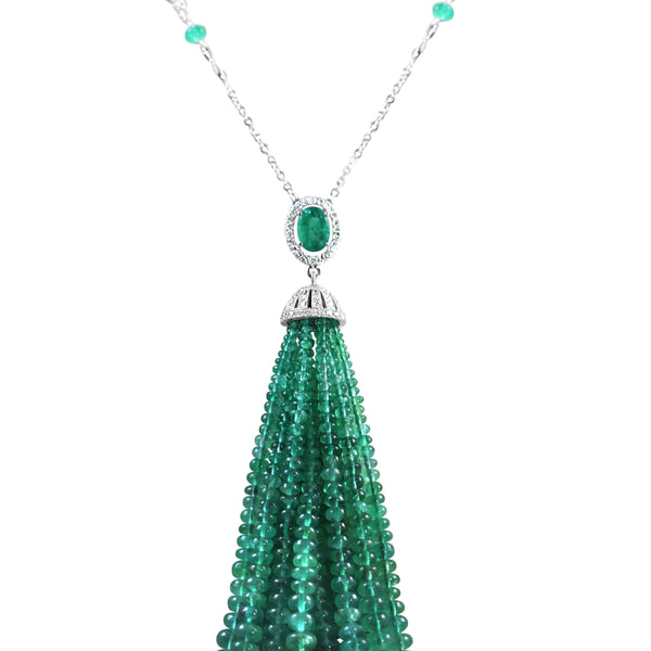 18kt White Gold Emerald And Pearl Tassel Necklace.