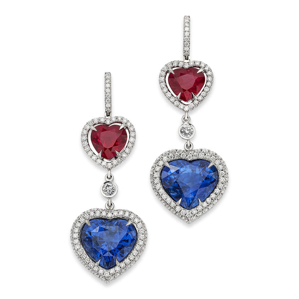 Platinum Sapphire And Ruby Heart Drop Earrings.