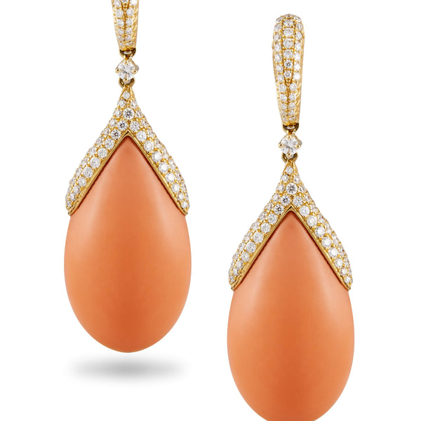 18KT YELLOW GOLD CORAL AND DIAMOND DROP EARRINGS