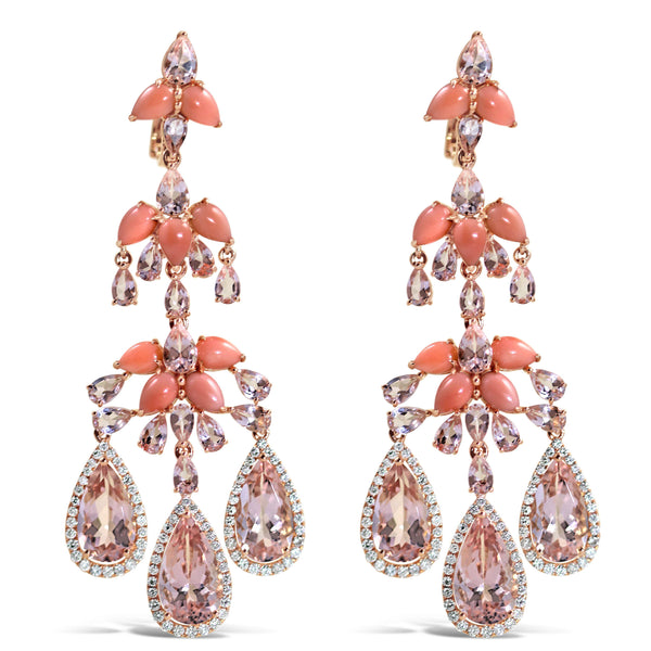 18KT ROSE GOLD CORAL, MORGANITE & DIAMOND EARRINGS