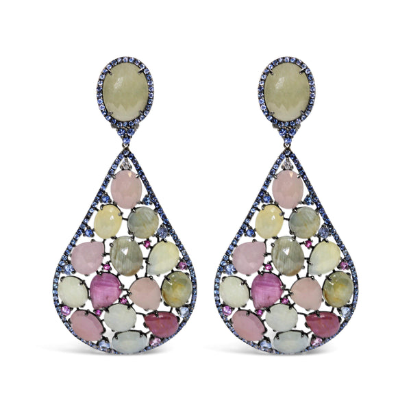 18KT WHITE GOLD MULTI COLOR SAPPHIRE EARRINGS