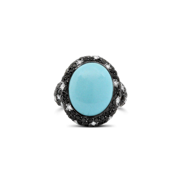 18KT WHITE GOLD TURQUOISE AND DIAMOND RING.