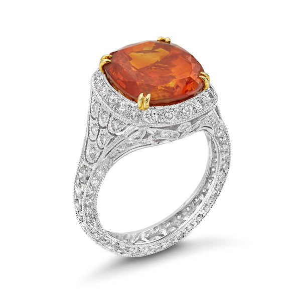 Platinum Orange Sapphire & Diamond Ring.