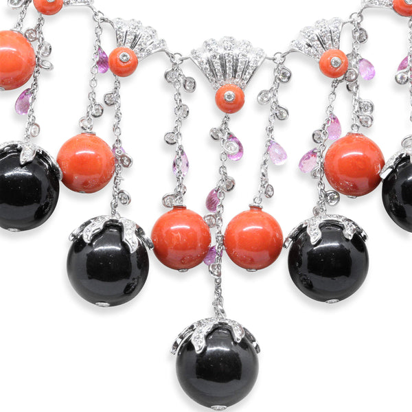 18KT WHITE GOLD CORAL, BLACK ONYX, PINK SAPPHIRE & DIAMOND NECKLACE