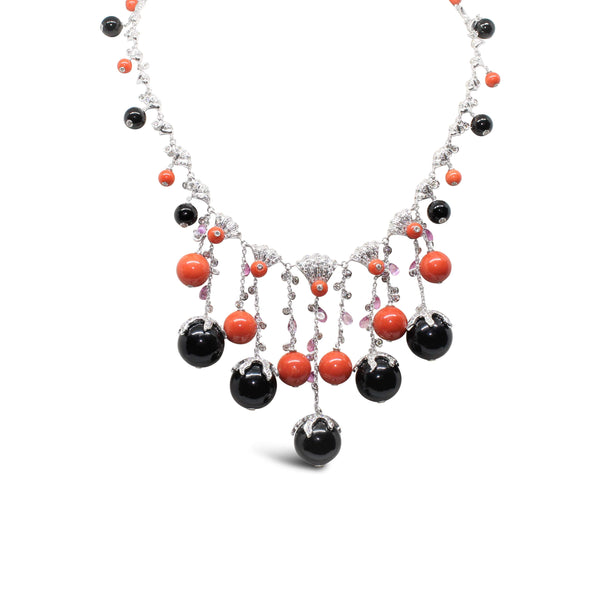 18KT WHITE GOLD CORAL, BLACK ONYX, PINK SAPPHIRE & DIAMOND NECKLACE