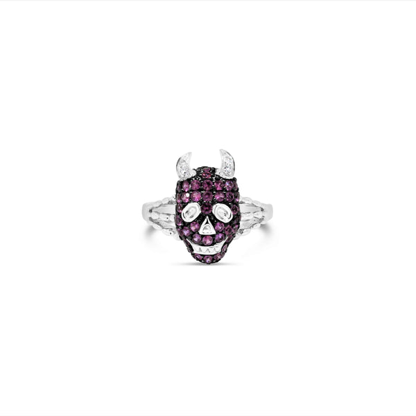 18KT WHITE GOLD PINK SAPPHIRE AND DIAMOND DEVIL RING. Provident Jewelery
