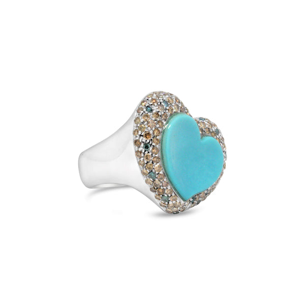 18kt WHITE GOLD TURQUOISE & DIAMOND HEART RING. Provident Jewelery