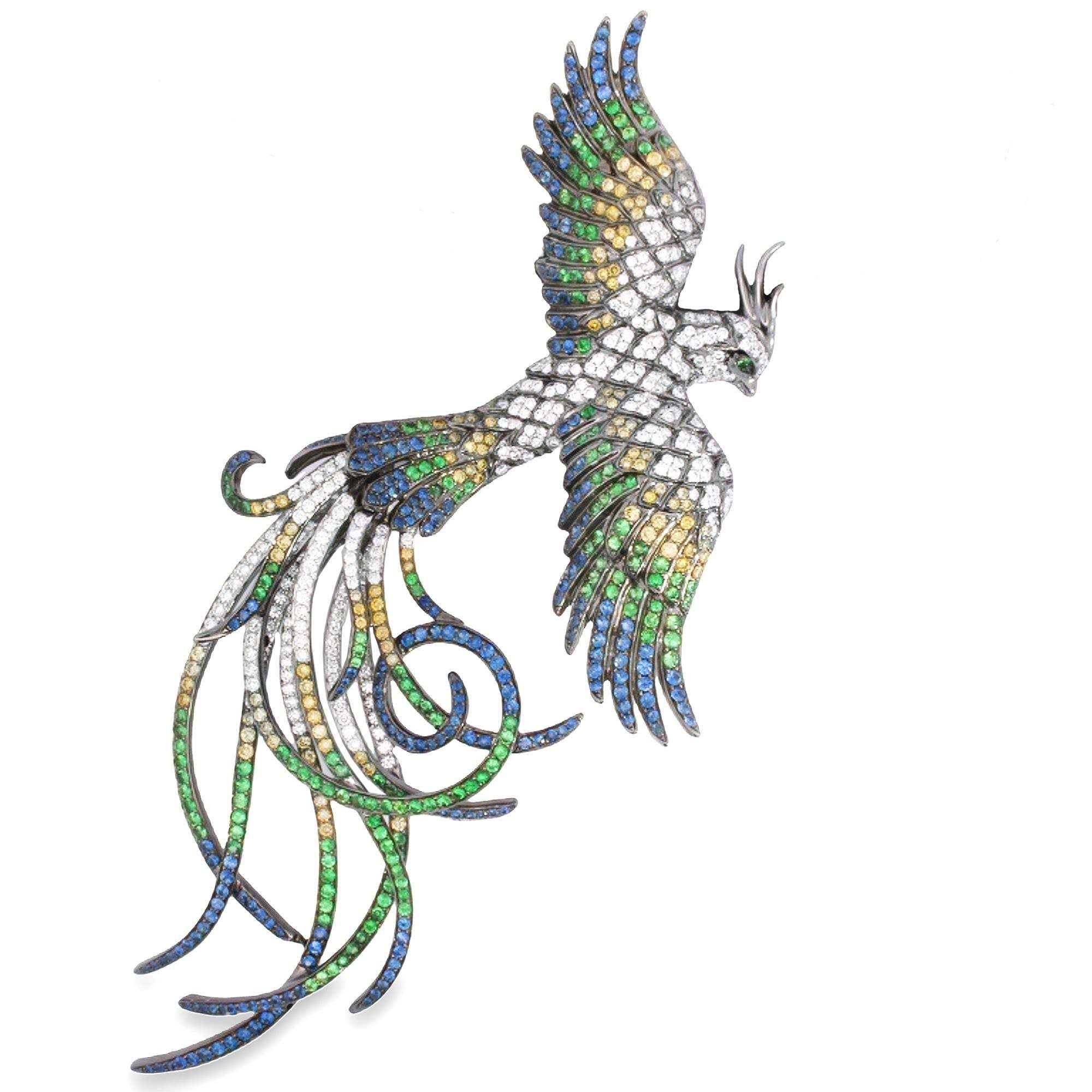 White Gold Multi Colored Bird Pendant