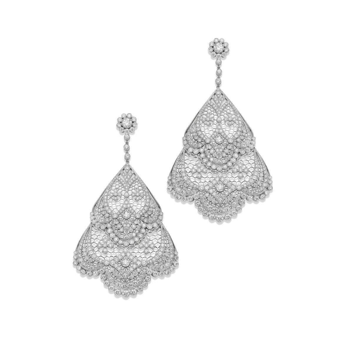Ladies Platinum Deco Inspired Diamond Dangle Earrings