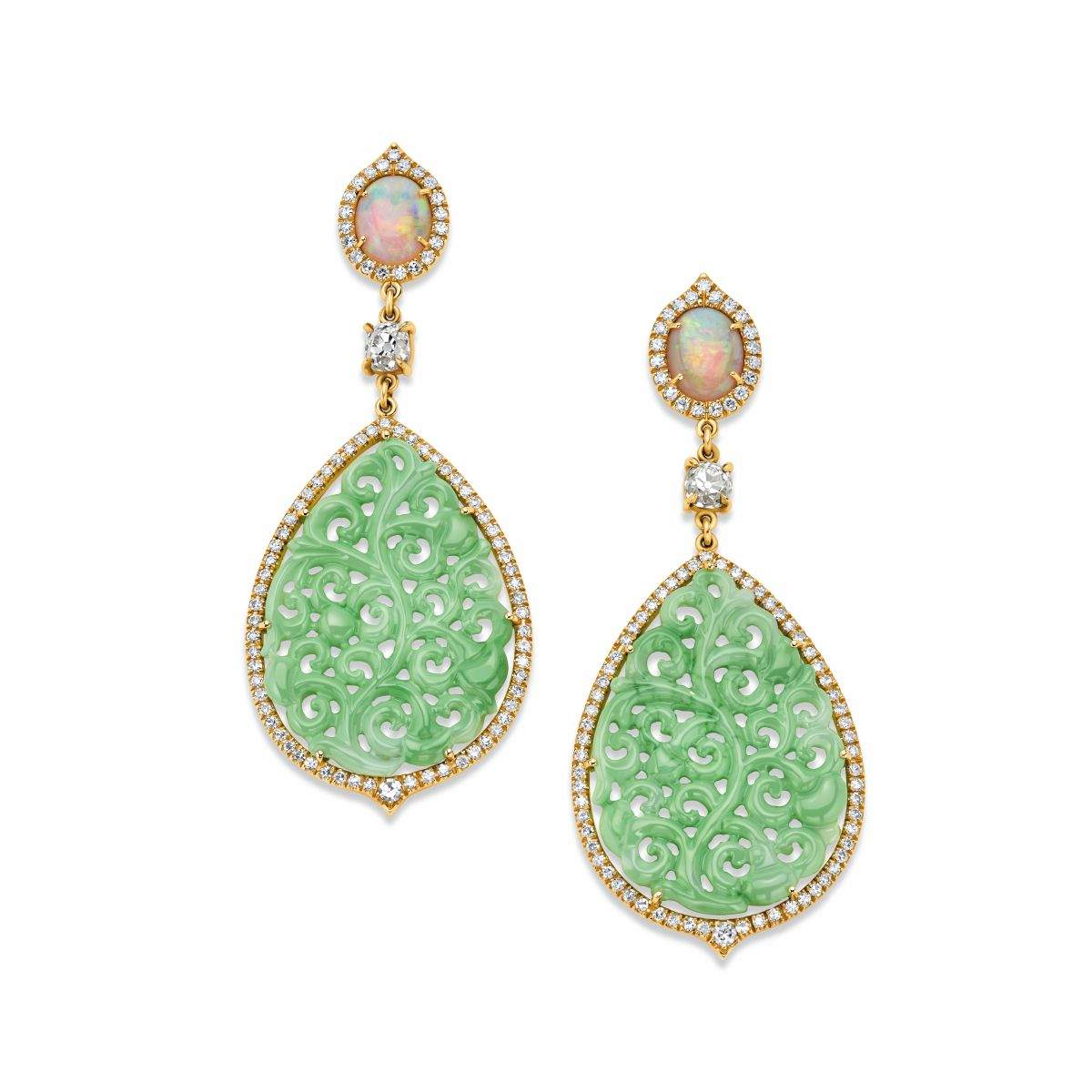 18kt Gold Jade, Opal & Diamond Earrings
