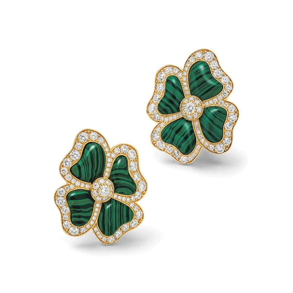 18kt Gold Andreoli Malachite & Diamond Clover Earrings