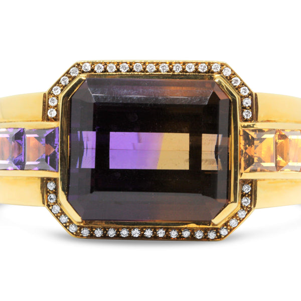 18KT YELLOW GOLD AMETRINE AND DIAMOND BANGLE