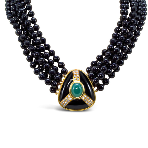 BLACK ONYX EMERALD AND DIAMOND NECKLACE AND EARRINGS