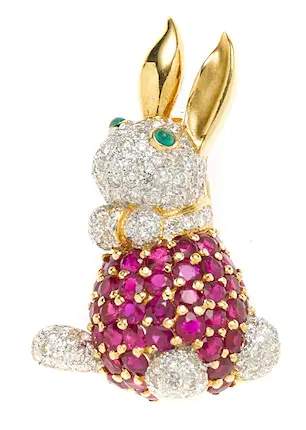 18kt YG Ruby Bunny Brooch