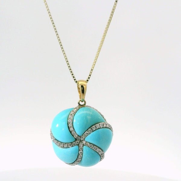 Turquoise & Diamond Round Pendant Necklace