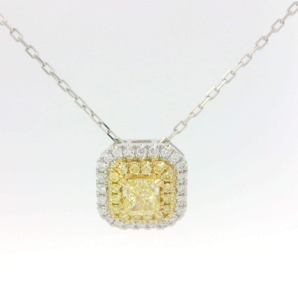 Yellow & White Diamond Halo Pendant Necklace