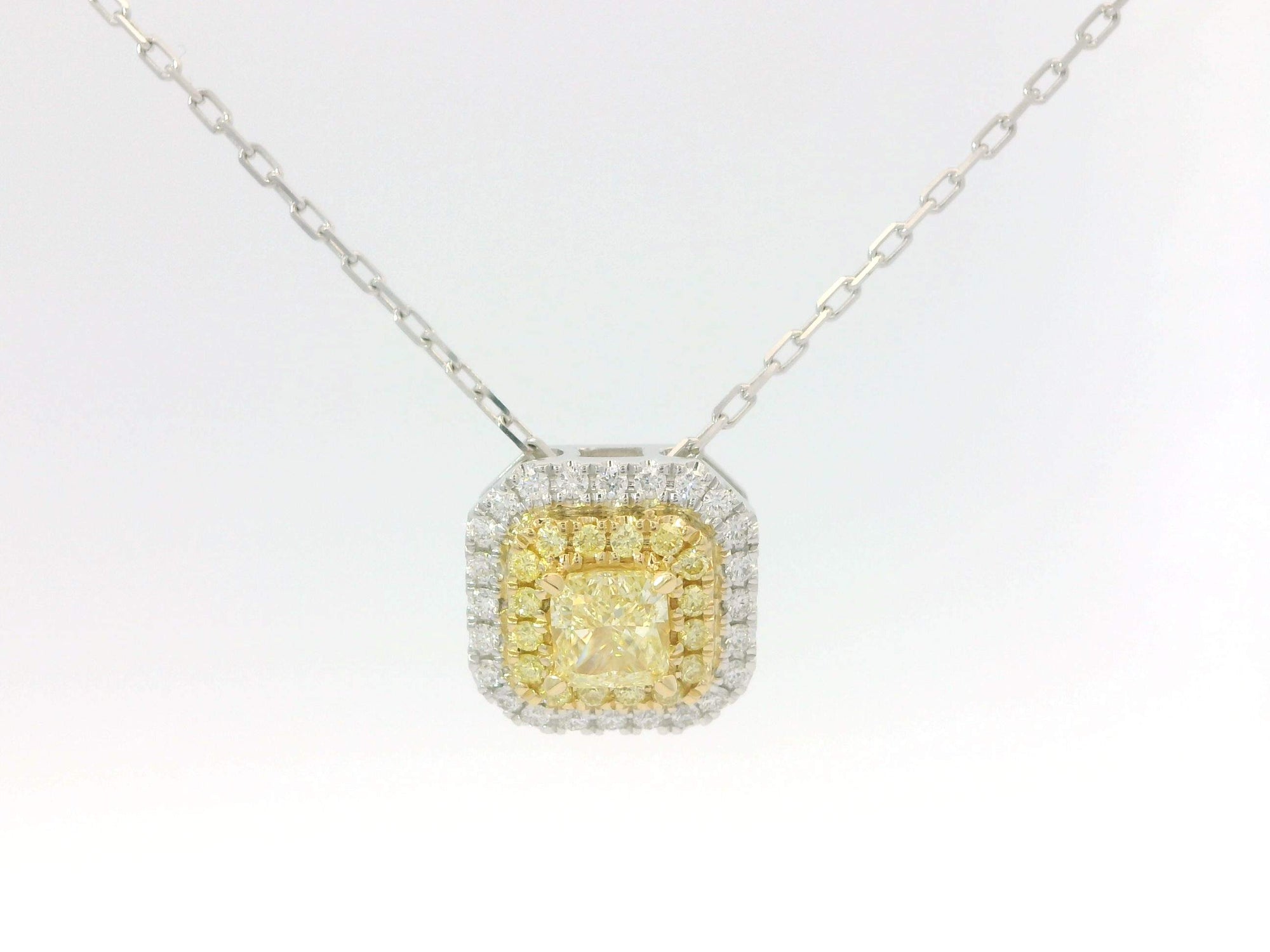 Yellow & White Diamond Halo Pendant Necklace