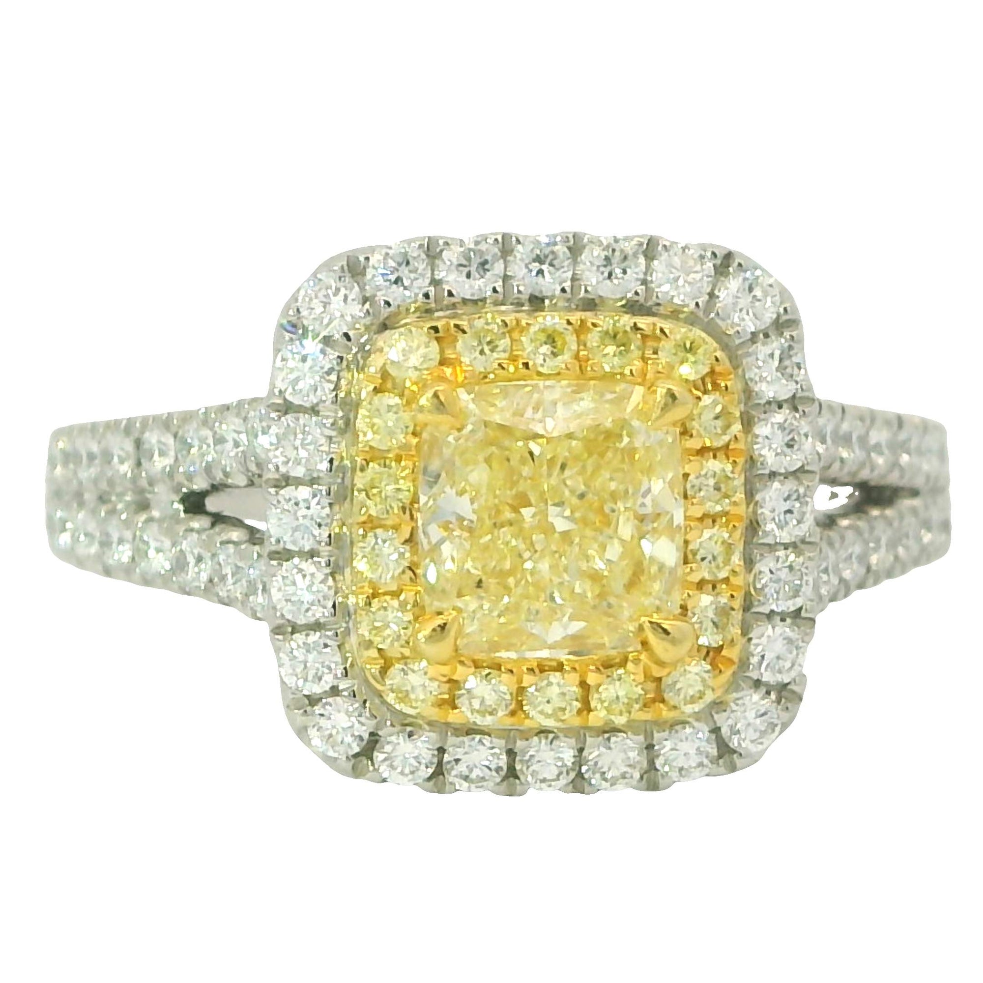 Cushion Cut Halo Yellow & White Diamond Ring