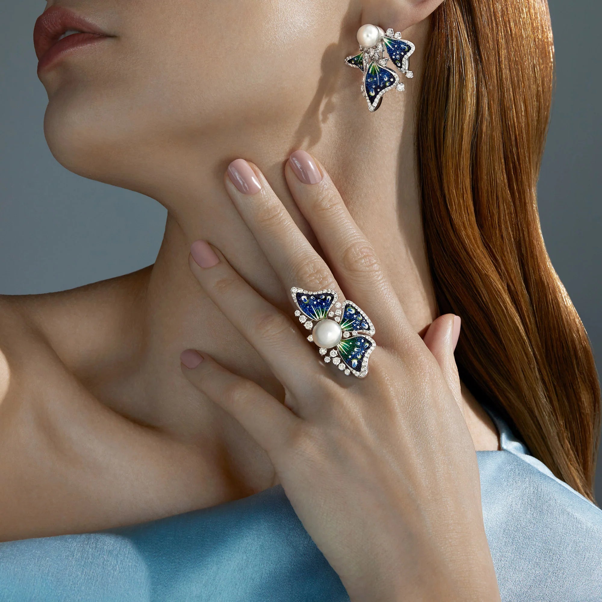 woman wearing Anemone Sea ring and earrings