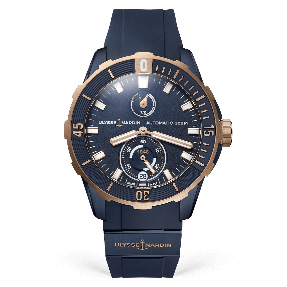 Blue and gold Ulysse Nardin watch on a black background