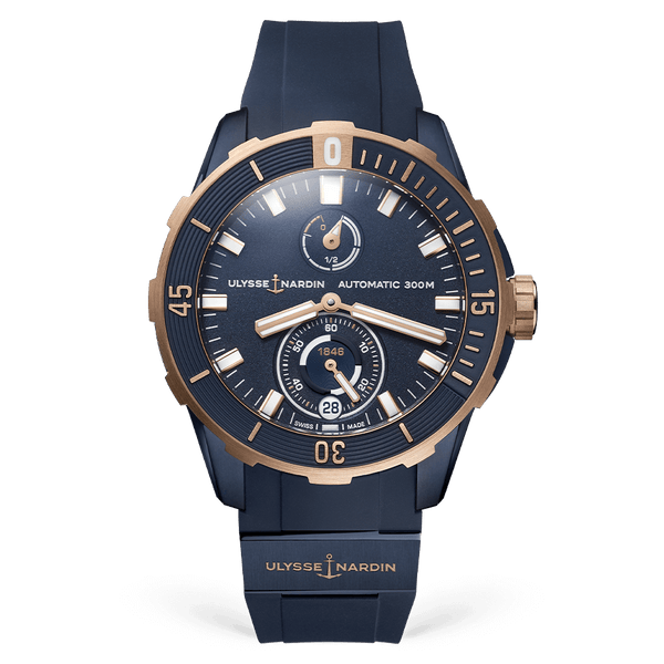 Blue and gold Ulysse Nardin watch on a black background