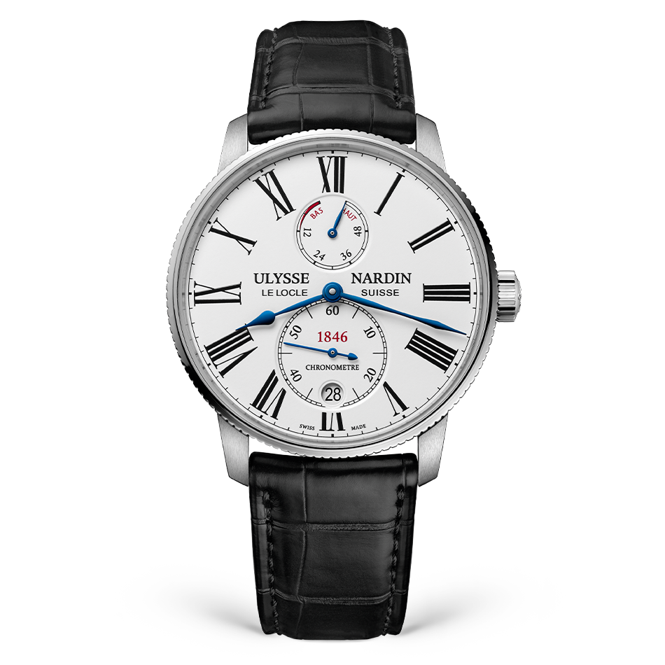 Ulysse Nardin watch with black leather strap and white face on a white background