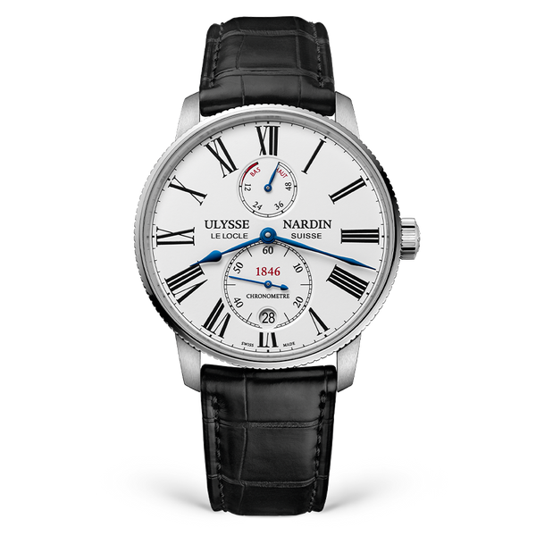 Ulysse Nardin watch with black leather strap and white face on a white background