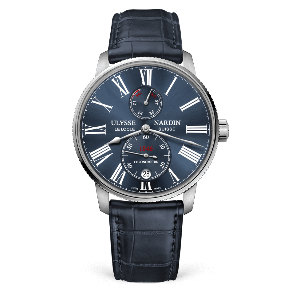 Ulysse Nardin watch with blue face and blue leather strap on white background