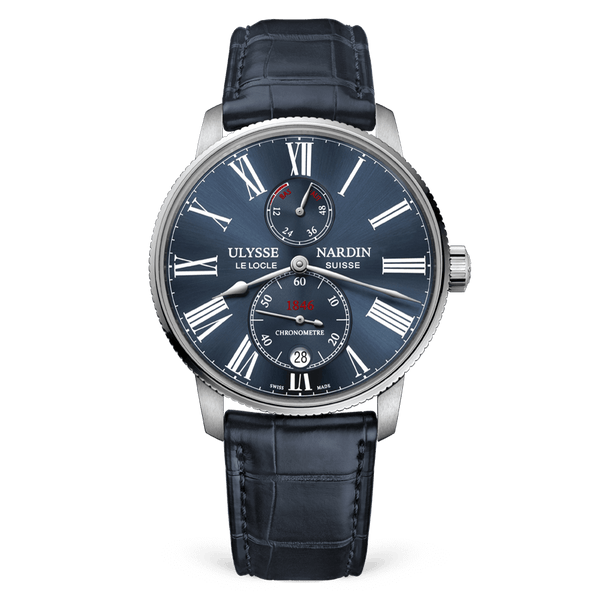 Ulysse Nardin watch with blue face and blue leather strap on white background
